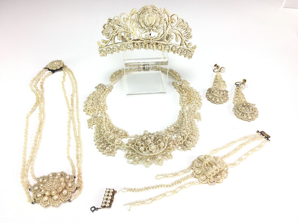 Appraisal: C Seed Pearl Parure Suite Necklace Earring Tiara Pearl Suite