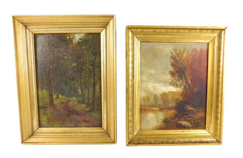 Appraisal: Two unsigned framed landscape paintings one oil on board depicting