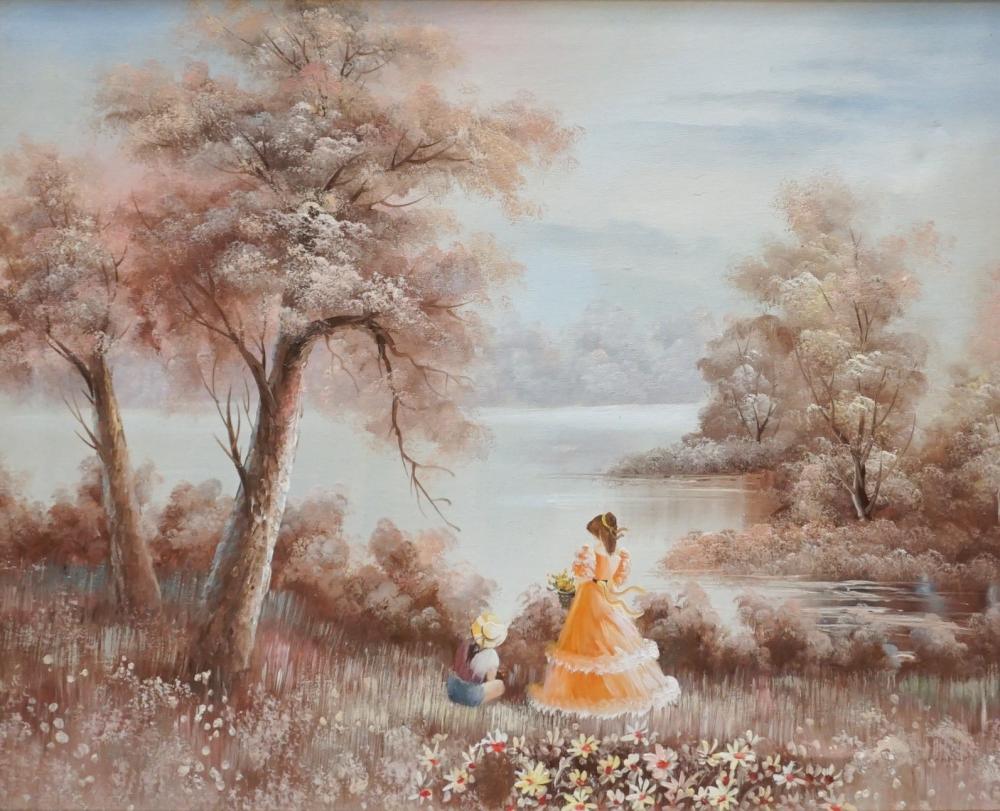 Appraisal: TH CENTURY SCHOOL GIRLS BY A LAKE OIL ON CANVAS