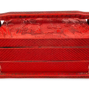 Appraisal: A Chinese Carved Red Lacquer Two-Tier Picnic Box of rectangular