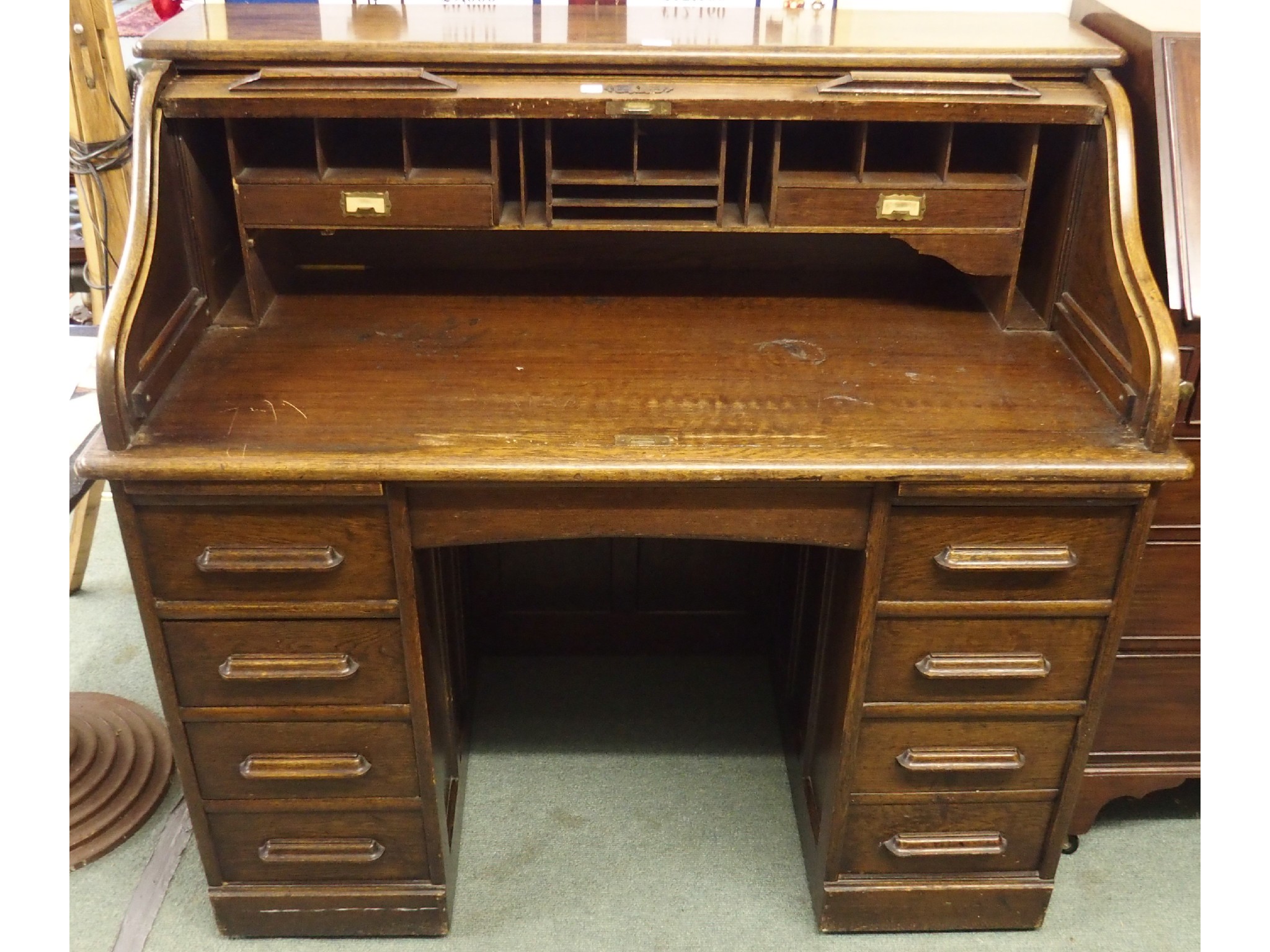 Appraisal: A th Century oak roll top pedestal desk x x