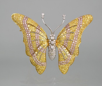 Appraisal: A Pink and Yellow Diamond Butterfly Brooch k white and