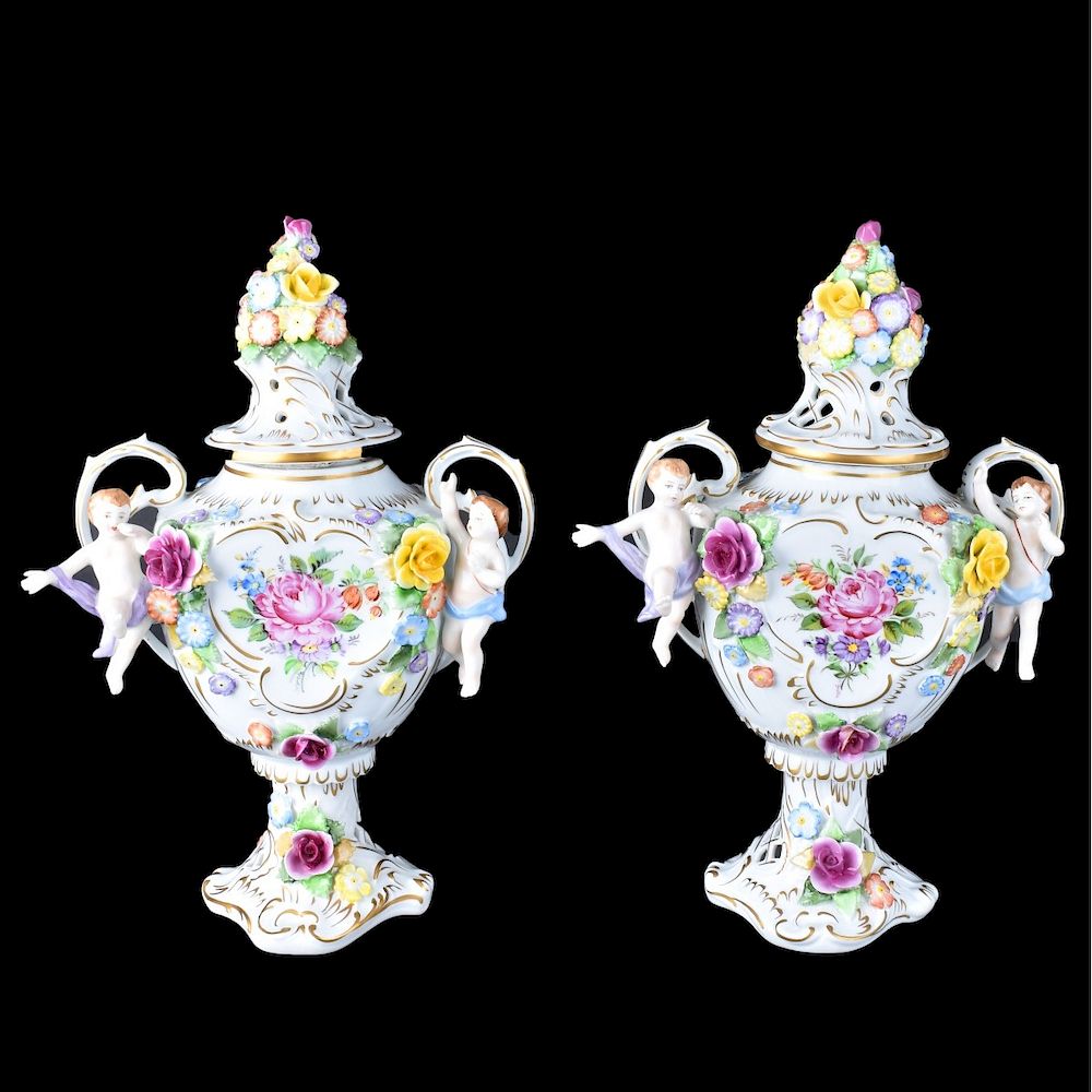 Appraisal: Pair Dresden Style Urns Pair Vintage Dresden Style Porcelain Covered