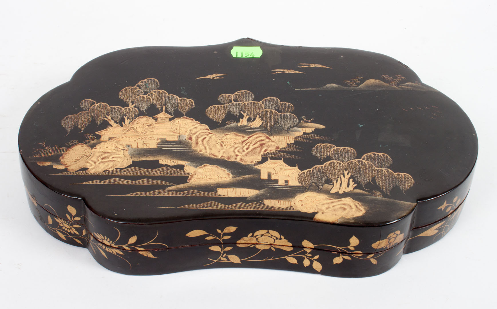 Appraisal: Chinese shaped lacquer box late th century lid with idealized