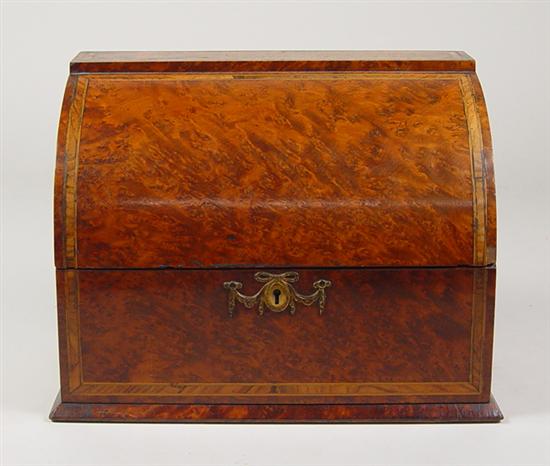 Appraisal: English Stationery Box Burl elm veneers Red moire silk lining