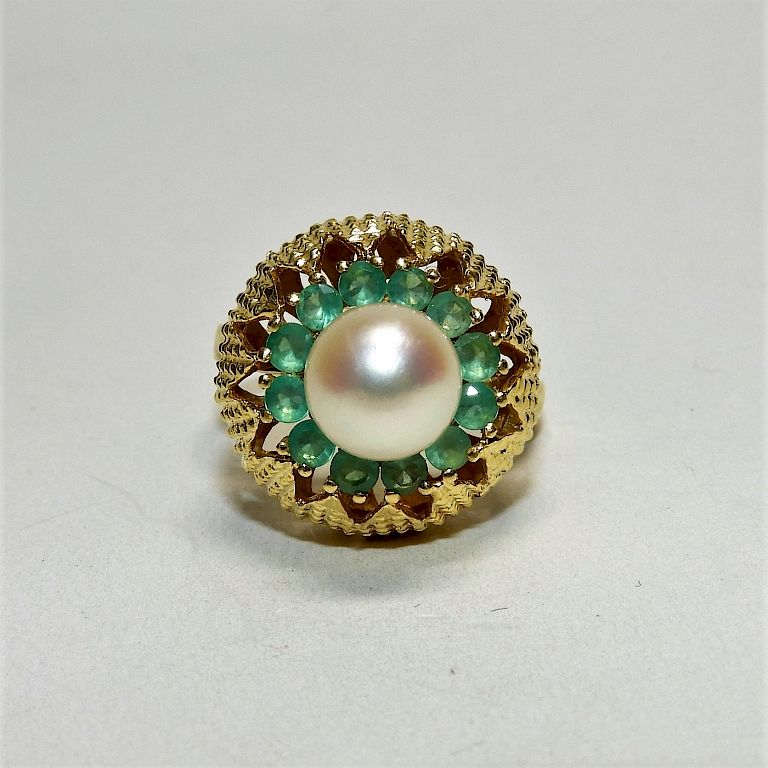 Appraisal: Lady's Synthetic Emerald Pearl K Gold Ring th Century Central