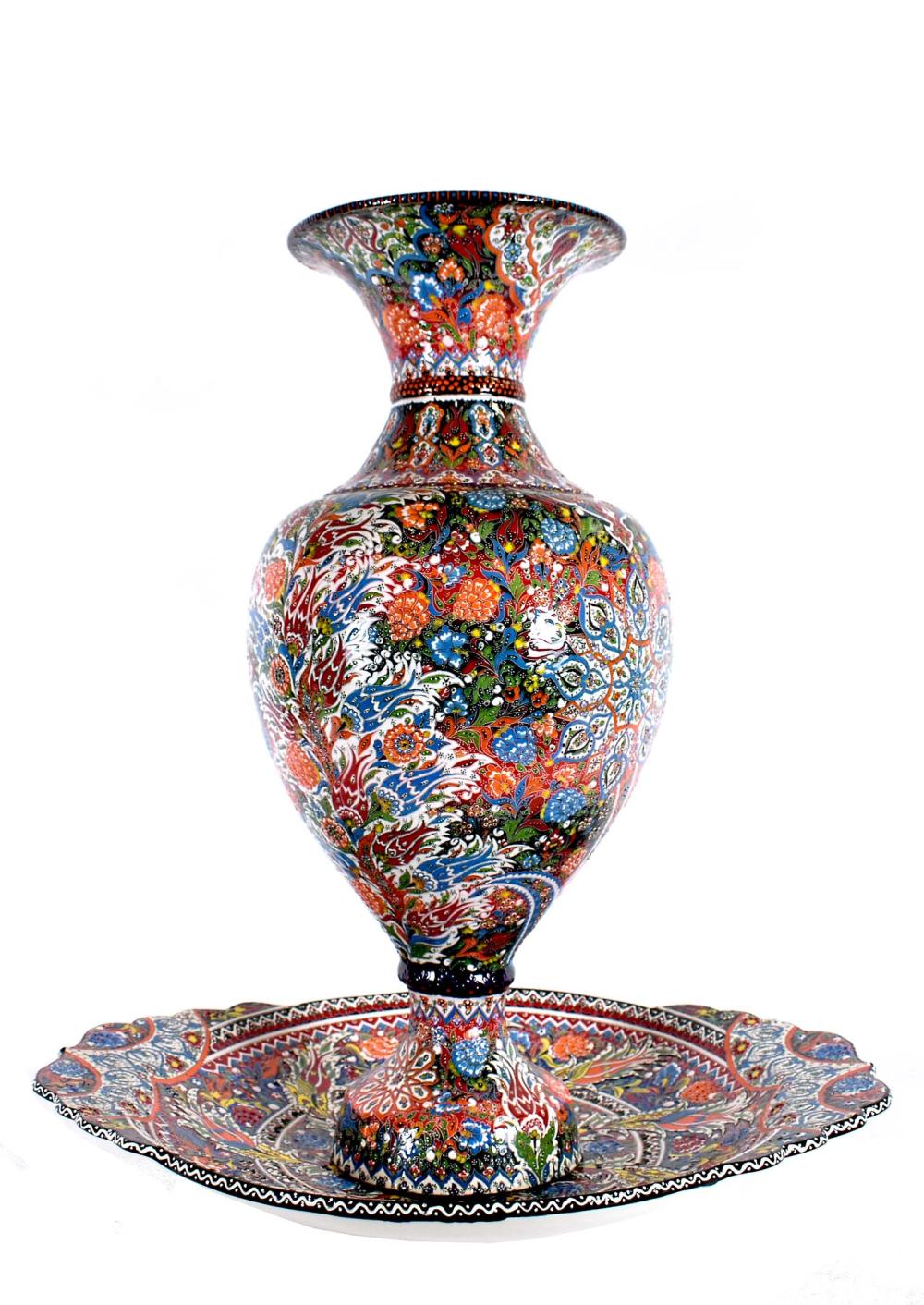 Appraisal: LARGE PERSIAN PORCELAIN VASE SHALLOW BOWLContemporary The tapering vase with