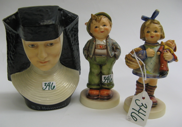 Appraisal: THREE GERMAN HUMMEL FIGURINES What Now HUM - H TM-