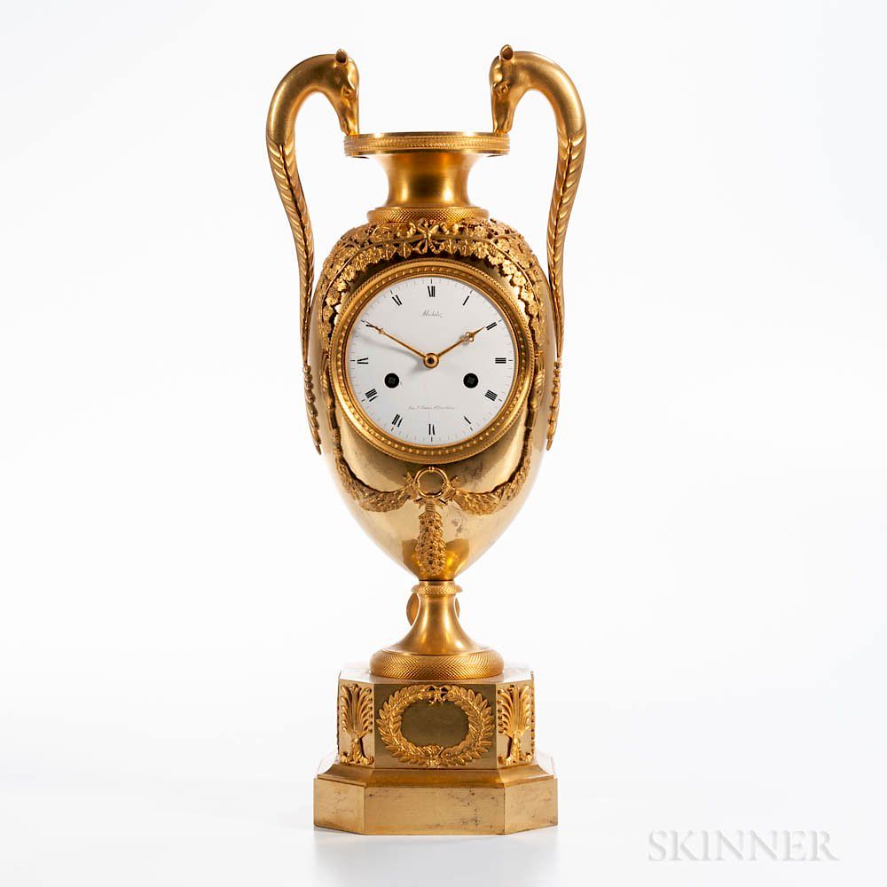 Appraisal: Gilt Classical Urn-form Mantel Clock by Michelez Gilt Classical Urn-form