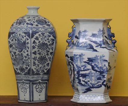 Appraisal: CHINESE BLUE AND WHITE HEXAGONAL BALUSTER- FORM VASE AND ANOTHER