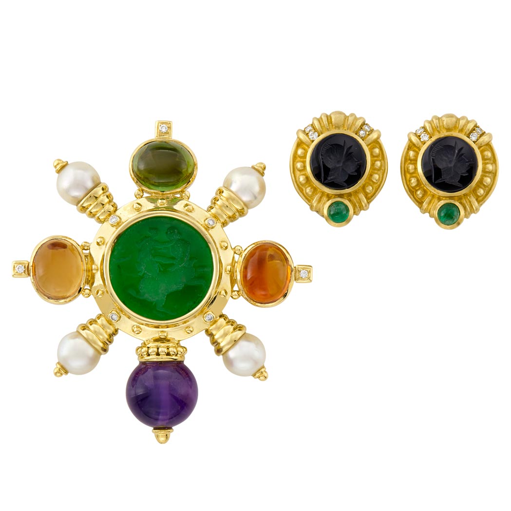 Appraisal: Pair of Gold Black Onyx Intaglio and Cabochon Emerald Earrings