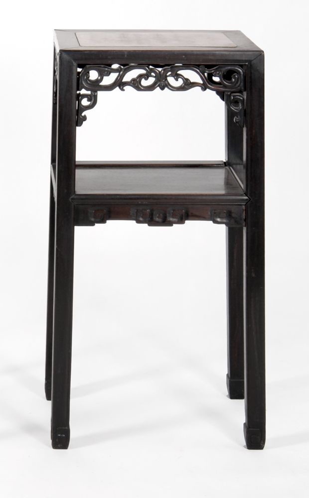 Appraisal: CHINESE EXPORT MARBLE-TOP STAND Mid th CenturyWith scroll-carved legs medial