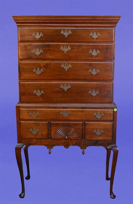 Appraisal: QUEEN ANNE TIGER MAPLE FAN CARVED FLAT TOP HIGHBOY th