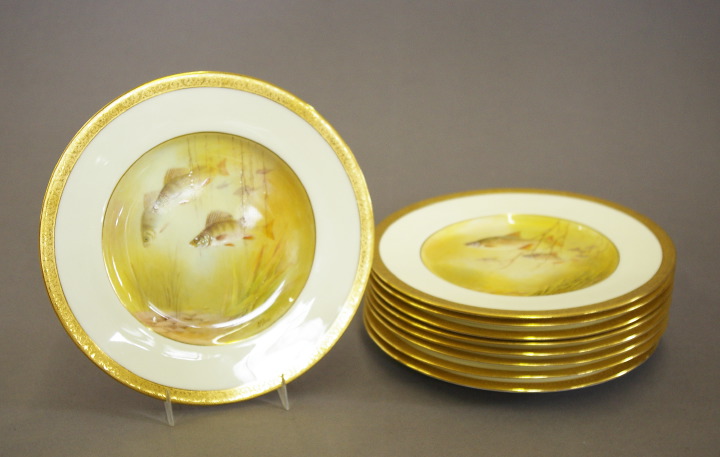 Appraisal: Good Set of Nine Minton's Polychromed Chased Gold Band Porcelain