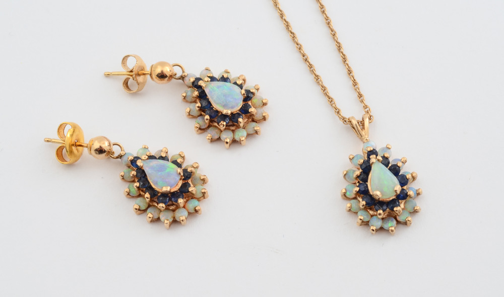 Appraisal: OPAL EARRING AND NECKLACE SET K yellow gold earrings and