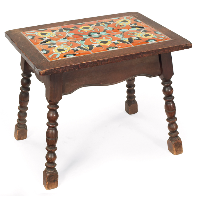 Appraisal: Catalina tile top table six decorated inset tiles on spool