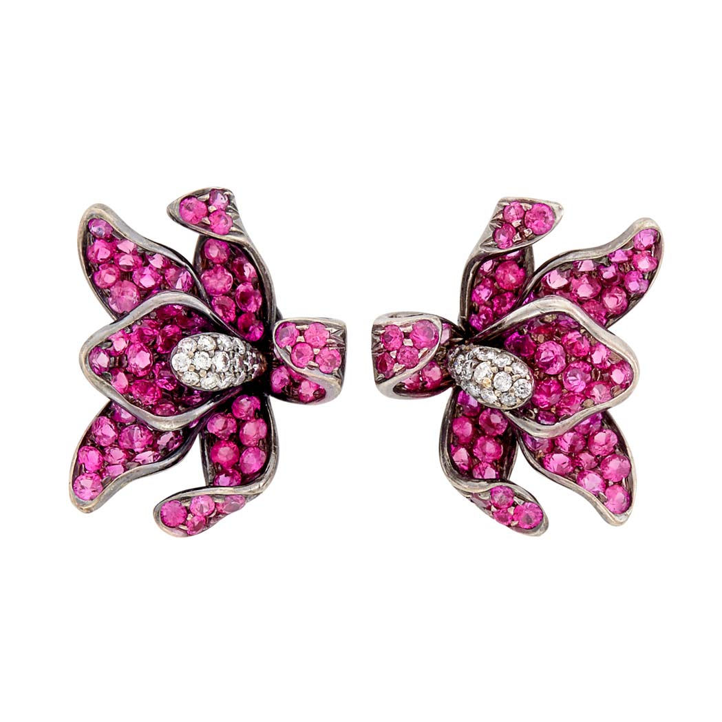 Appraisal: Pair of Blackened White Gold Pink Sapphire and Diamond Flower