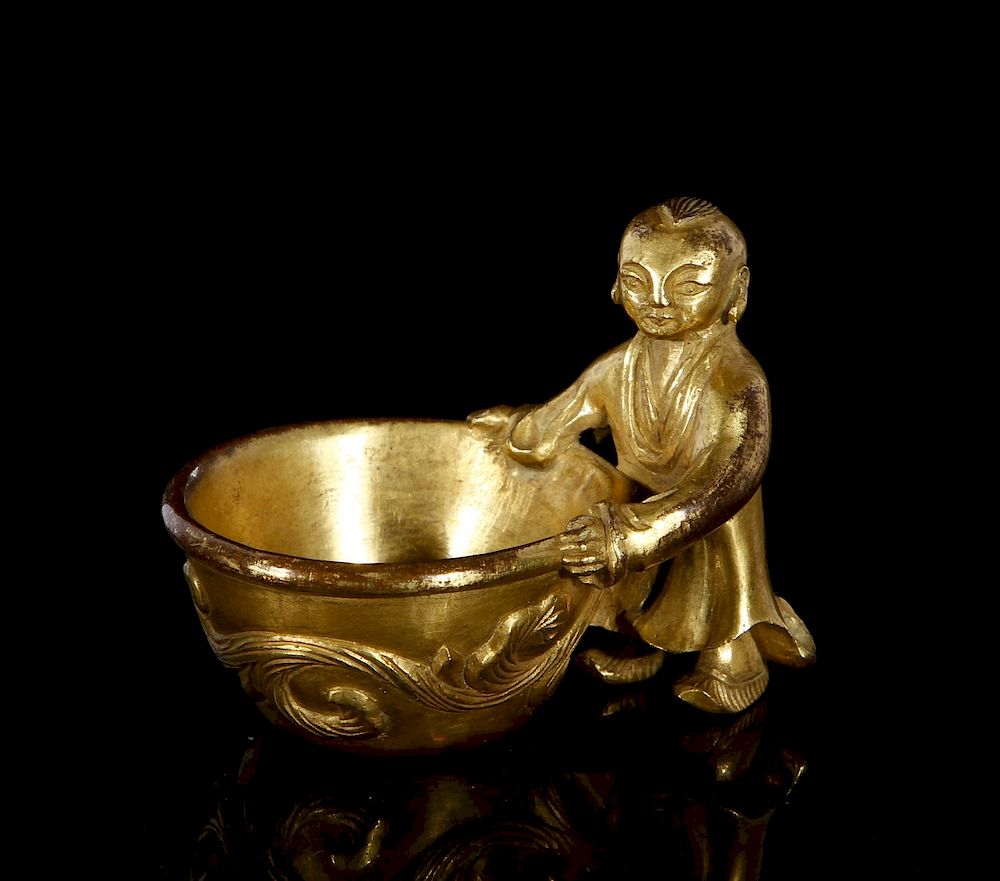 Appraisal: Chinese Gilt Bronze Figural Brush Washer Qing Dynasty a well-cast