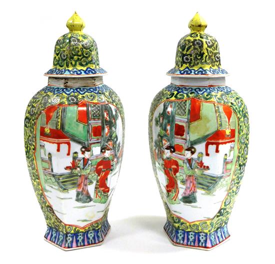 Appraisal: ASIAN Pair th C Chinese polychrome decorated hexagonal covered vases