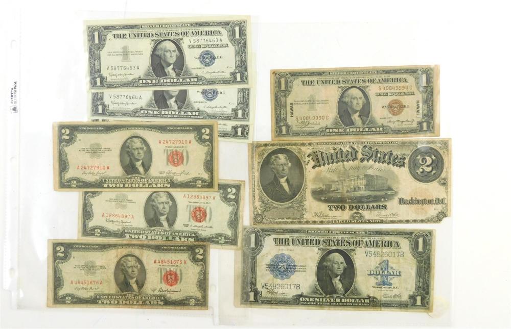 Appraisal: CURRENCY Lot of nine US Banknotes Includes Hawaii note Large