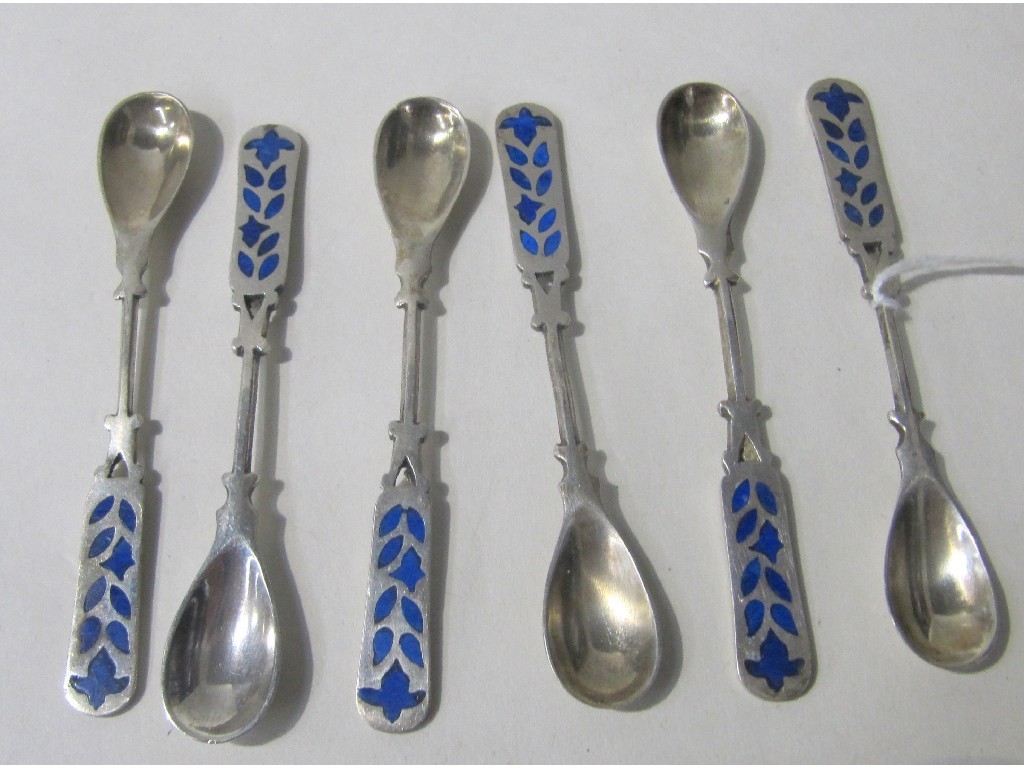 Appraisal: Set of six white metal and enamel mustard spoons