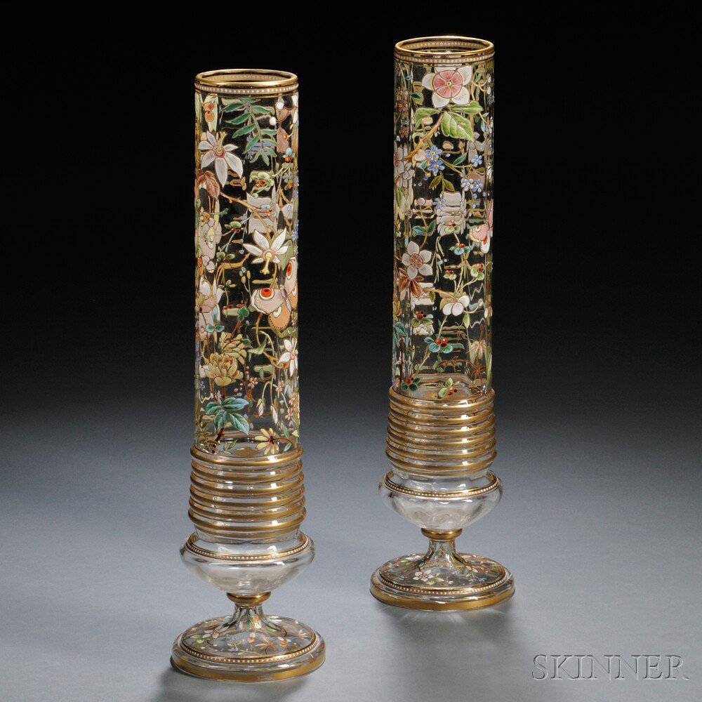 Appraisal: Pair of Bohemian Enameled Glass Vases th century cylindrical shape