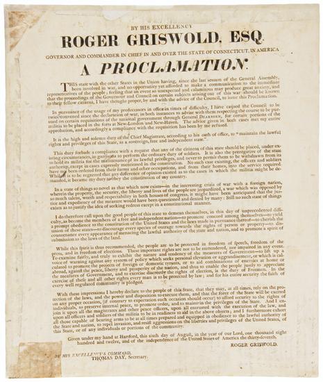 Appraisal: GRISWOLD Roger - By His Excellency Roger Griswold Esq Governor