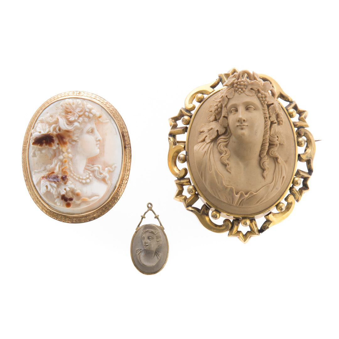 Appraisal: A Trio of Lady's Very Fine Carved Cameo Brooches Victorian