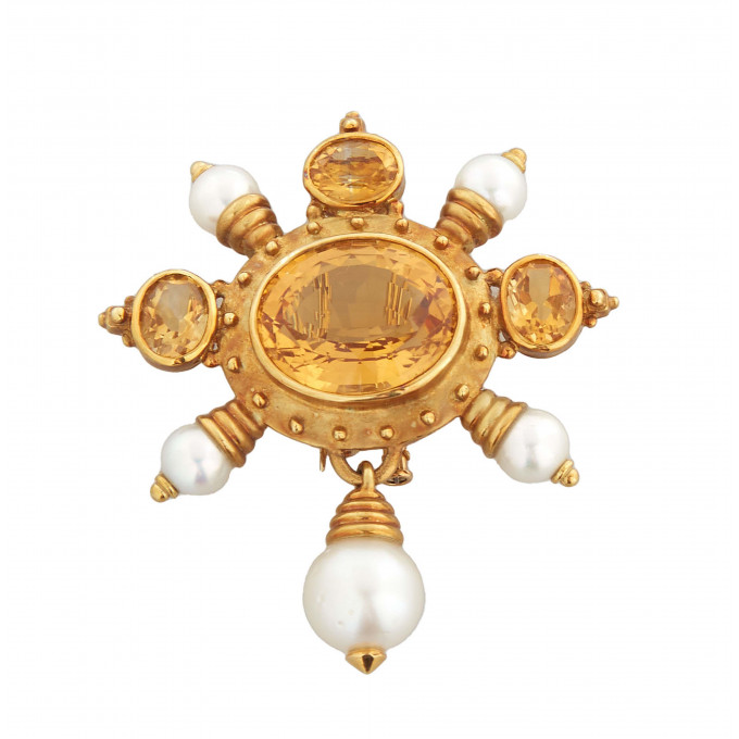 Appraisal: K Yellow Gold Vintage Style Pearl and Citrine Brooch with