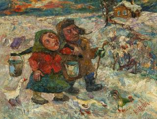 Appraisal: David Burliuk Winter farm scene with figures signed lower right