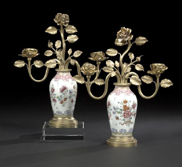 Appraisal: Pair of French Gilt-Brass and Porcelain Two-Light Candelabra th century