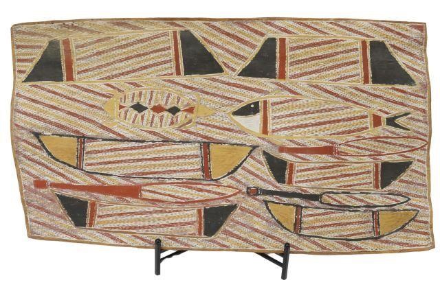 Appraisal: Large Aboriginal painting natural earth pigments on eucalyptus bark Fishermen