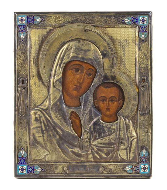 Appraisal: Sale Lot A Russian Enameled Silver Oklad Icon Our Lady