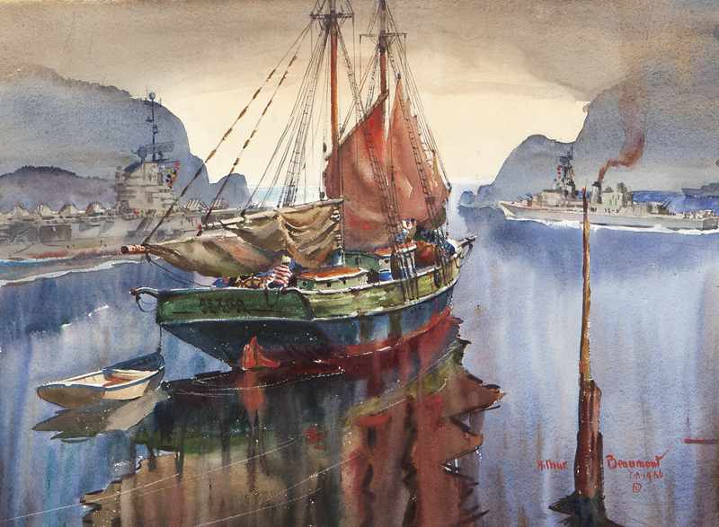 Appraisal: 'Outward Bound'' watercolor and gouache on paper under glass sight