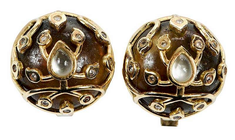 Appraisal: kt Gold Diamond Gemstone Earrings domed design each with one