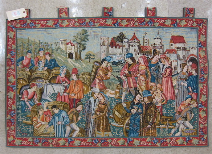 Appraisal: MEDIEVAL STYLE WALL TAPESTRY having hanging tabs and featuring an