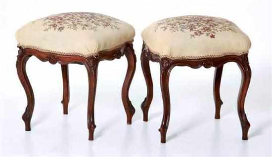 Appraisal: Pair Louis XV style walnut and needlepoint stools late th