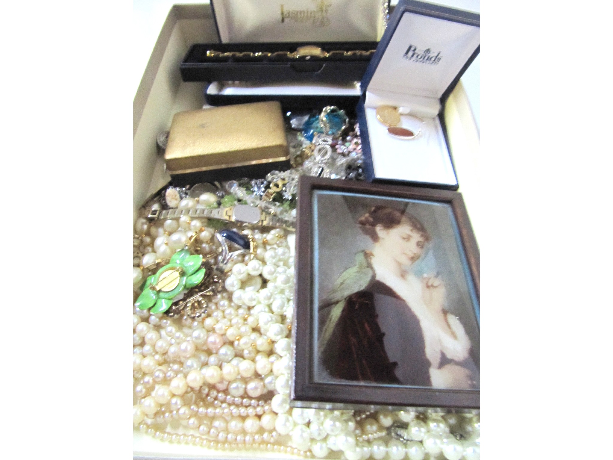 Appraisal: A box of costume jewellery portrait print etc