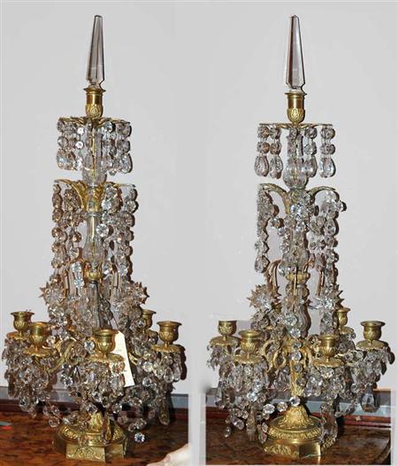 Appraisal: Pair of Louis XVI Style Gilt-Metal and Glass Six-Light Candelabra