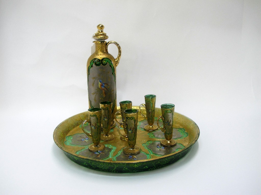 Appraisal: Continental green glass liqueur set on tray with gilt decoration