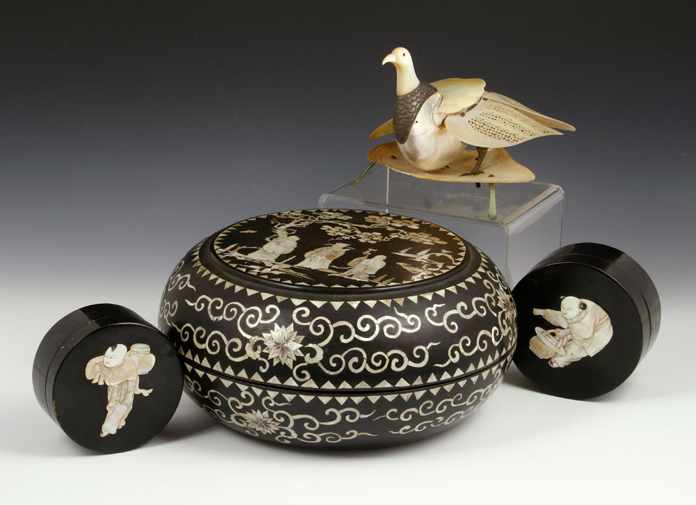 Appraisal: - Chinese Mother of Pearl Inlaid Boxes and Bird Lot