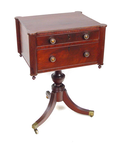 Appraisal: FEDERAL STYLE MAHOGANY DRAWER WORK STAND feet on casters columns