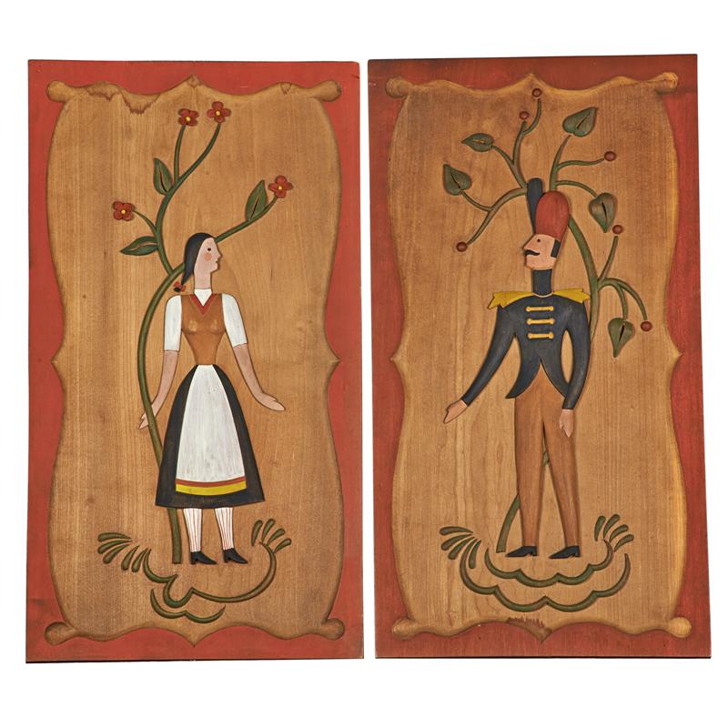 Appraisal: NEW ENGLAND PAINTED CARVED PANELS Two Both in low relief