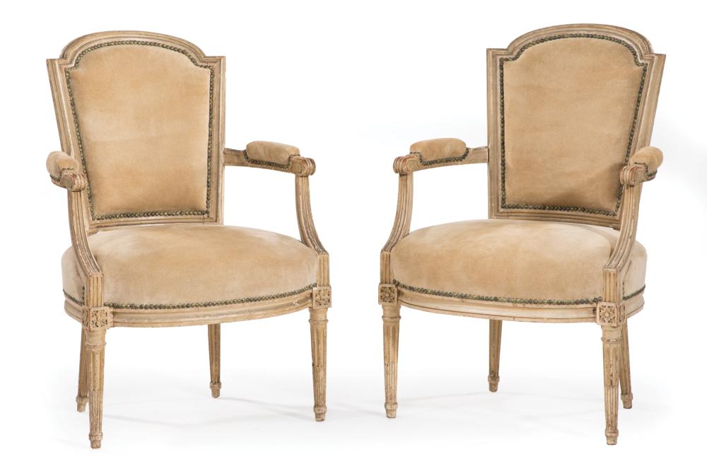 Appraisal: Pair of Antique Louis XVI-Style Painted Fauteuils shield back padded