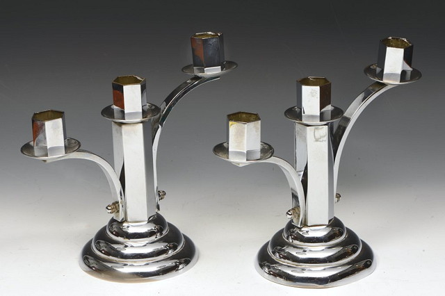 Appraisal: A PAIR OF CHROME THREE BRANCH ART DECO CANDELABRA possibly