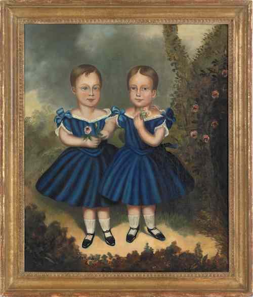 Appraisal: Oil on canvas portrait of two children wearing blue dresses