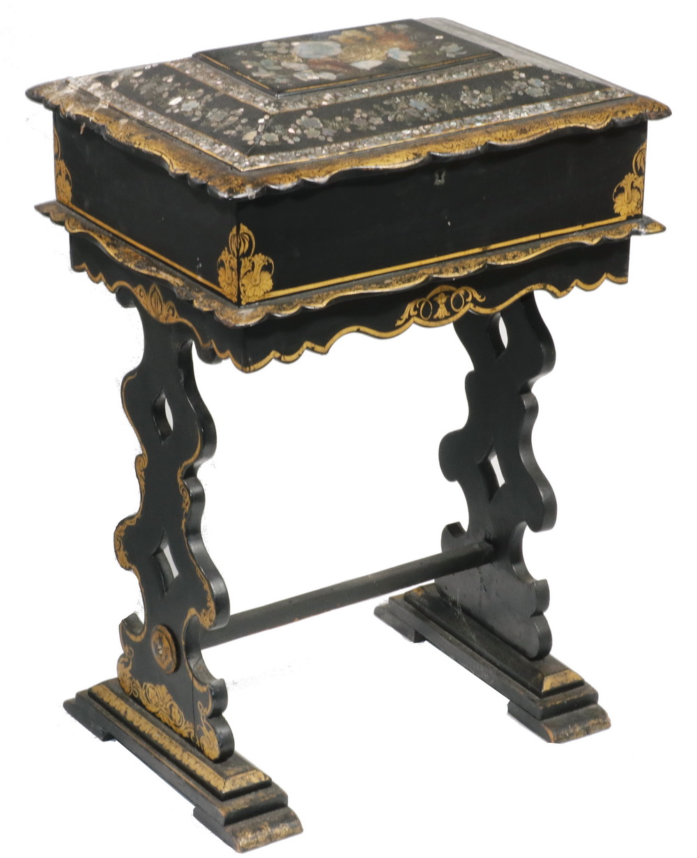 Appraisal: VICTORIAN PAPIER MACHE MOTHER-OF-PEARL SEWING STAND Circa Chinese Export Lady's