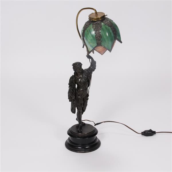 Appraisal: Figural lamp with green and pink tulip form slag galss