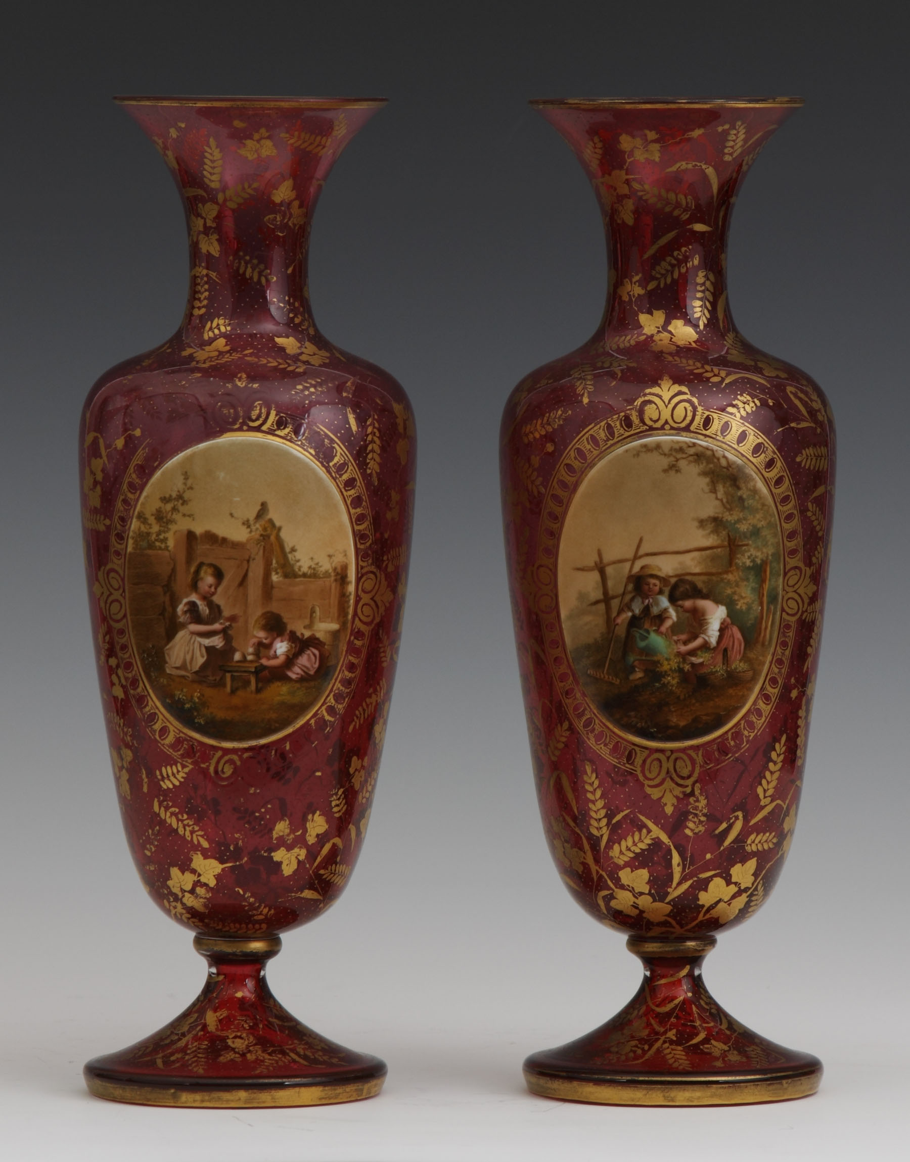 Appraisal: Pair of Fine Moser Enameled Vases Hand painted with applied