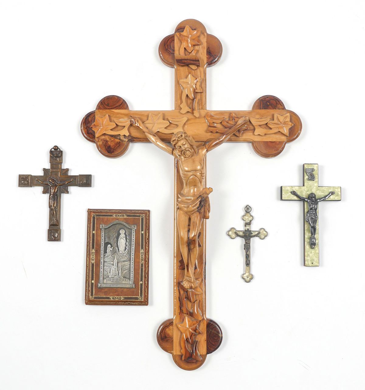 Appraisal: PC RELIGIOUS CRUCIFIX PLAQUE Comprising - Notre Dame de Lourdes